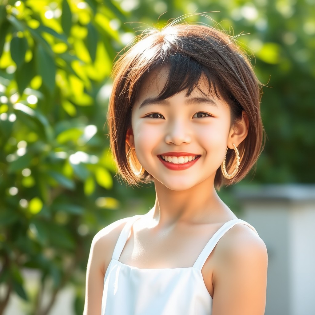 A beautiful Vietnamese girl with short hair and a radiant smile, wearing a stylish white dress