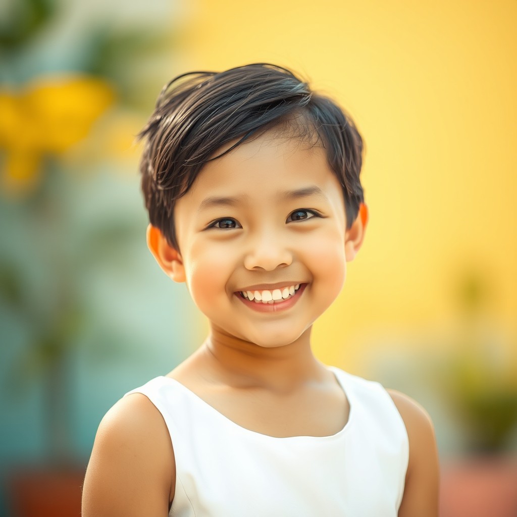 A beautiful Vietnamese girl with a radiant smile, wearing a white dress