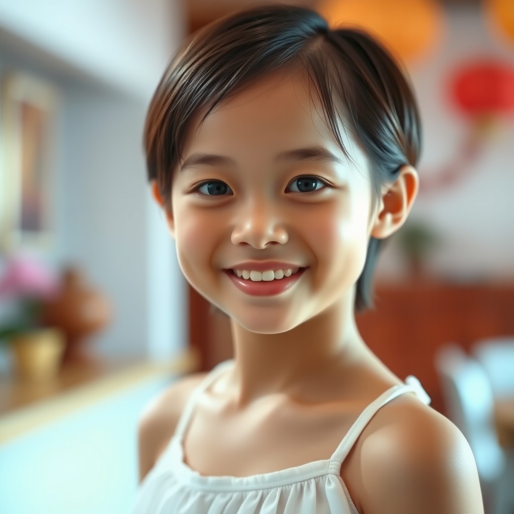A beautiful Vietnamese girl with short hair, wearing a white dress