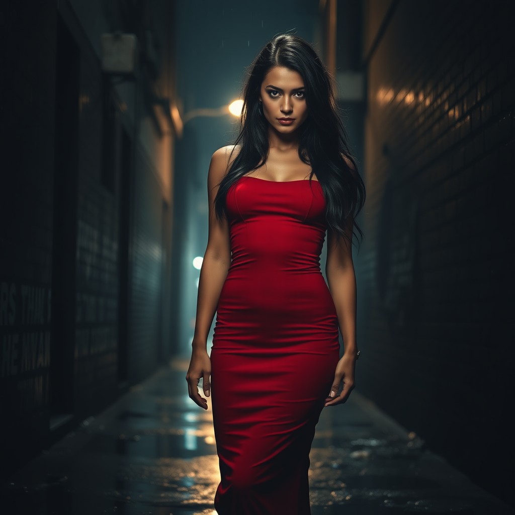 A beautiful woman with long dark hair wearing a tight red dress, standing confidently in a dark, wet alleyway