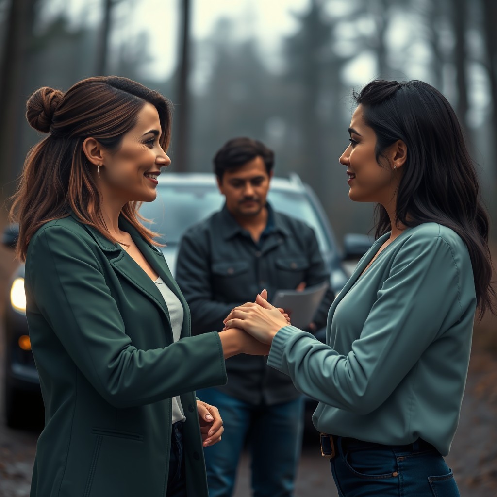A moment of meeting between two women, Violetta and Alia, exchanging a gaze and handshake