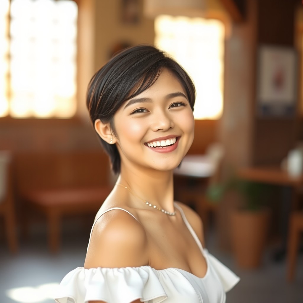 A beautiful Vietnamese girl under 30 years old, radiating joy with a bright smile