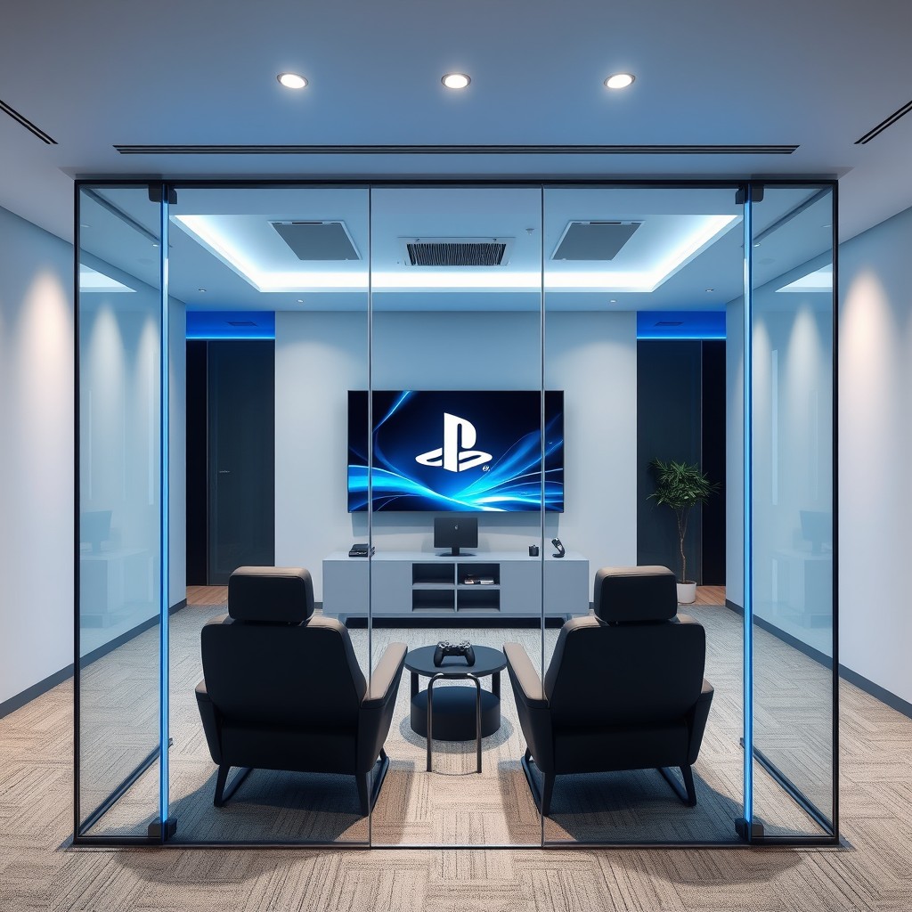 A minimalism design concept for glass armouring in an office space, transformed into a PlayStation gaming area