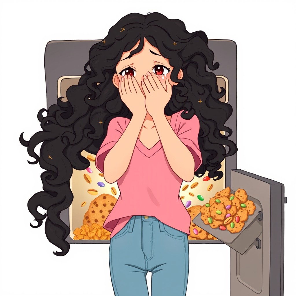 A young woman with long, curly black hair, standing next to an open oven from which cookie crumbs, pistachios, and colorful candies are bursting out