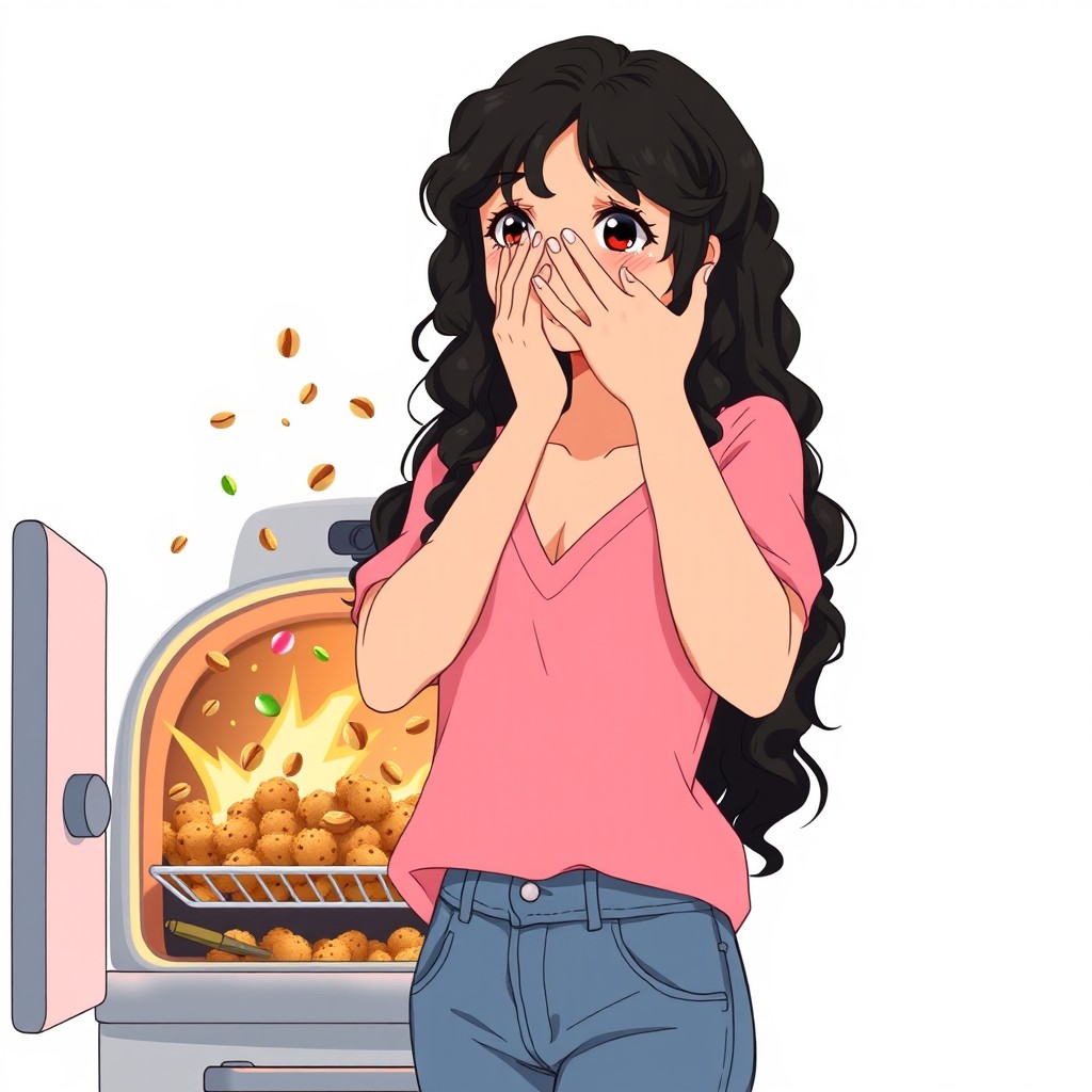 A young woman with long, curly black hair stands next to an open oven from which cookie crumbs, pistachios, and colorful candies are bursting out