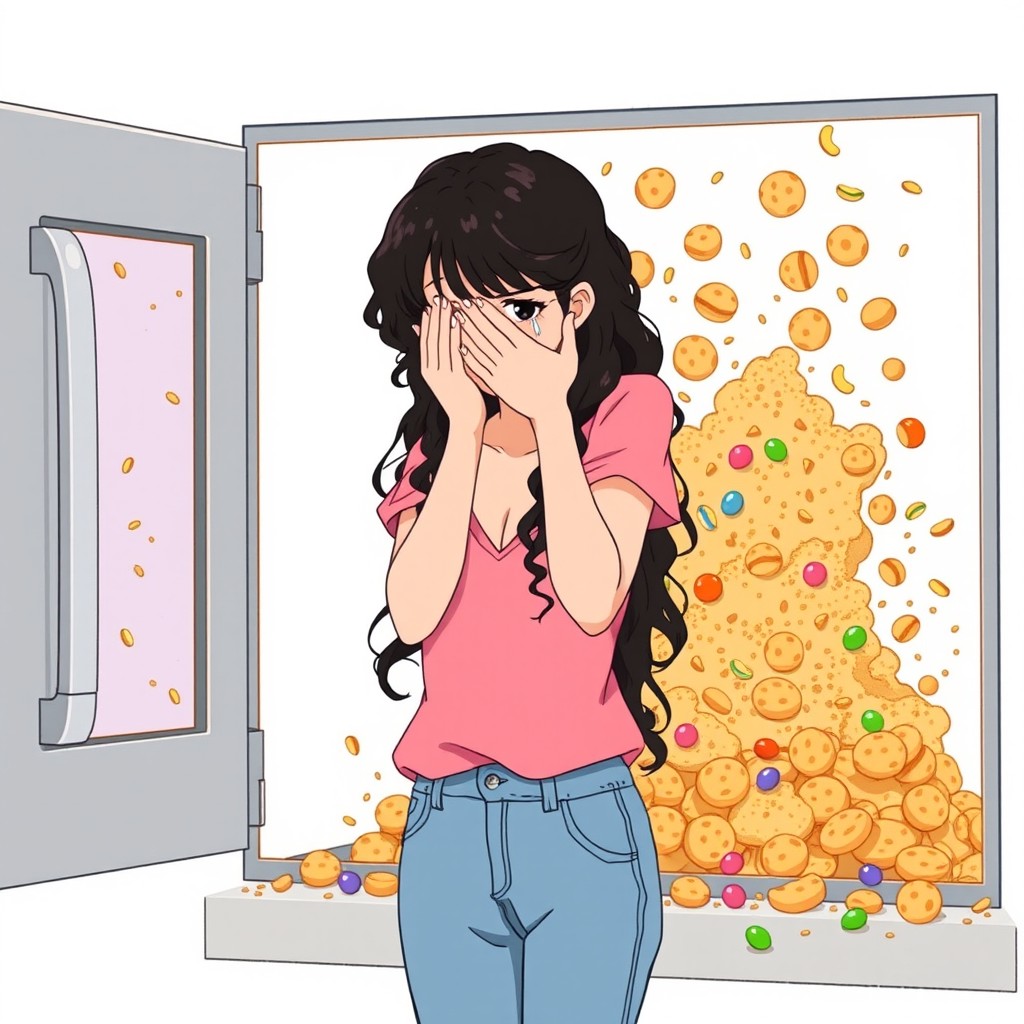 A young woman with long, curly black hair stands next to an open oven from which cookie crumbs, pistachios, and colorful candies are bursting out