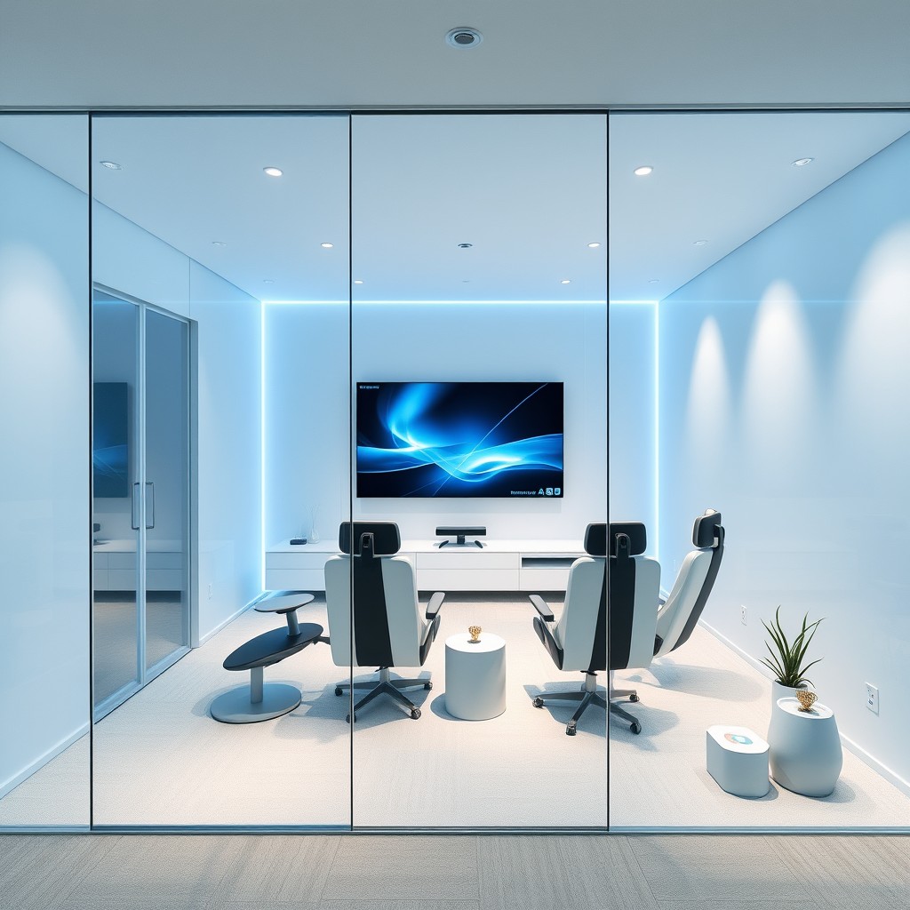 A minimalism design concept for glass armouring in an office that is being transformed into a PlayStation gaming area