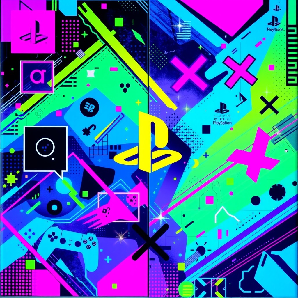 A vibrant and exciting glass foil design for a PlayStation gaming area, featuring iconic PlayStation symbols like the square, triangle, circle, and X in a dynamic, abstract pattern