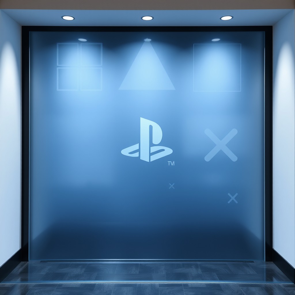 A clear glass foil design for a PlayStation gaming area, featuring minimalist and sleek aesthetics