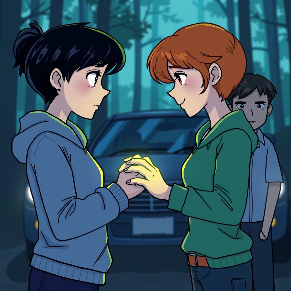 A moment of encounter between two characters, Violetta and Aaliyah, engaging in a gaze and handshake