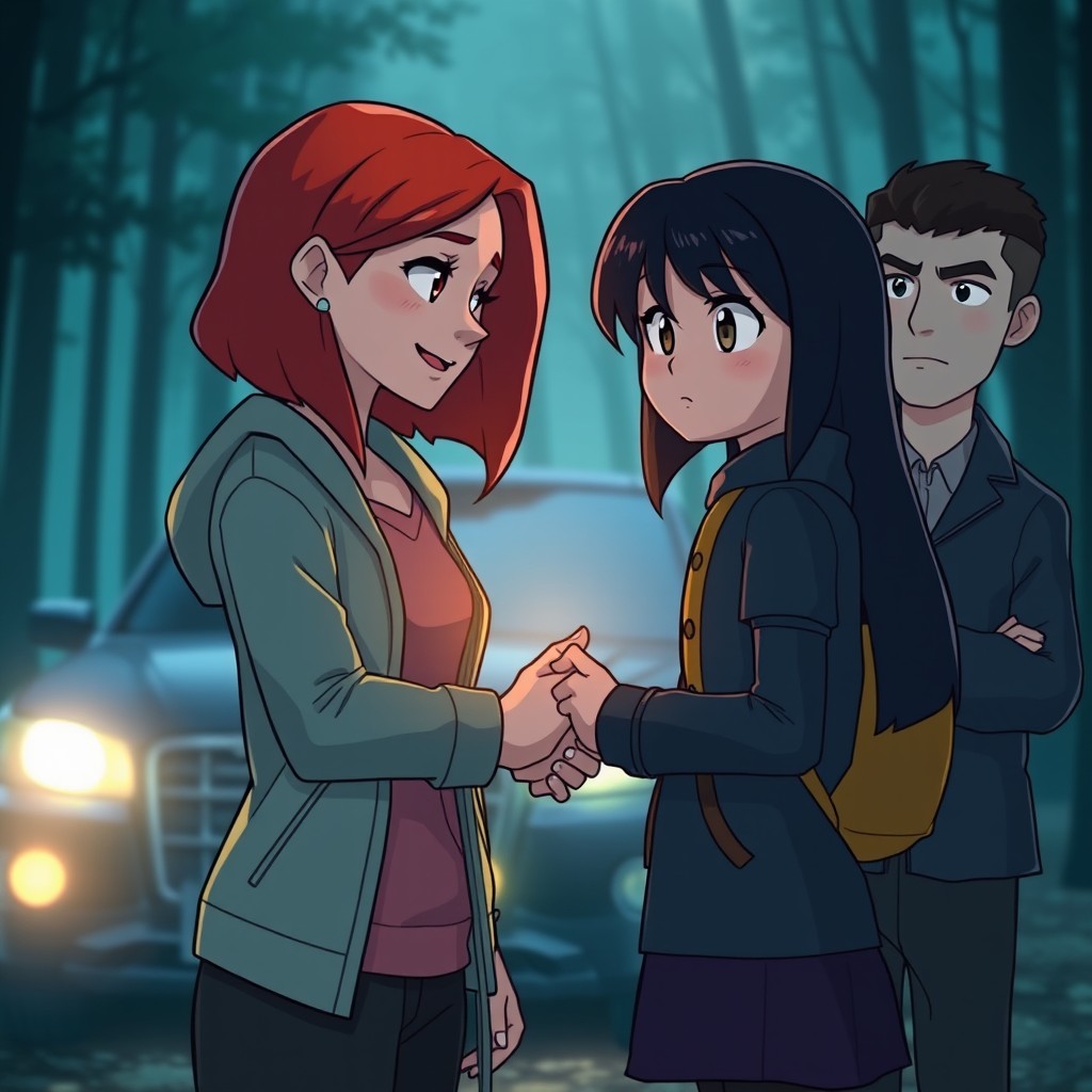 A moment of connection between two characters, Violetta and Aliya, as they exchange a gaze and handshake