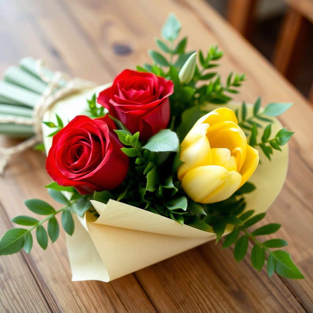 A beautifully arranged bouquet featuring two vibrant red roses and one elegant yellow tulip, artistically nestled among lush green foliage