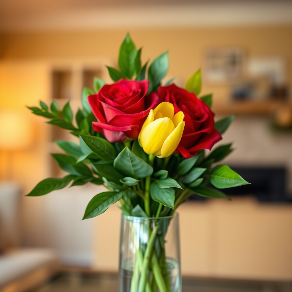 A beautifully arranged bouquet consisting of two vibrant red roses and one elegant yellow tulip, surrounded by lush green foliage