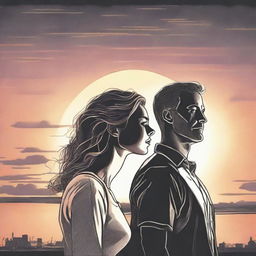 Create a detailed drawing of a man observing a side-profile woman amid the glow of a sunset.