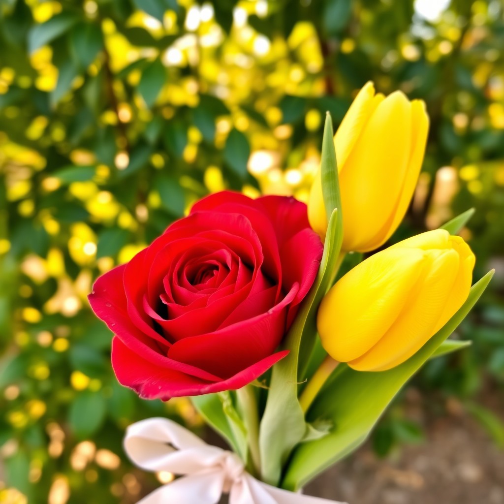 A beautiful bouquet featuring two vibrant red roses and one elegant yellow tulip, arranged harmoniously