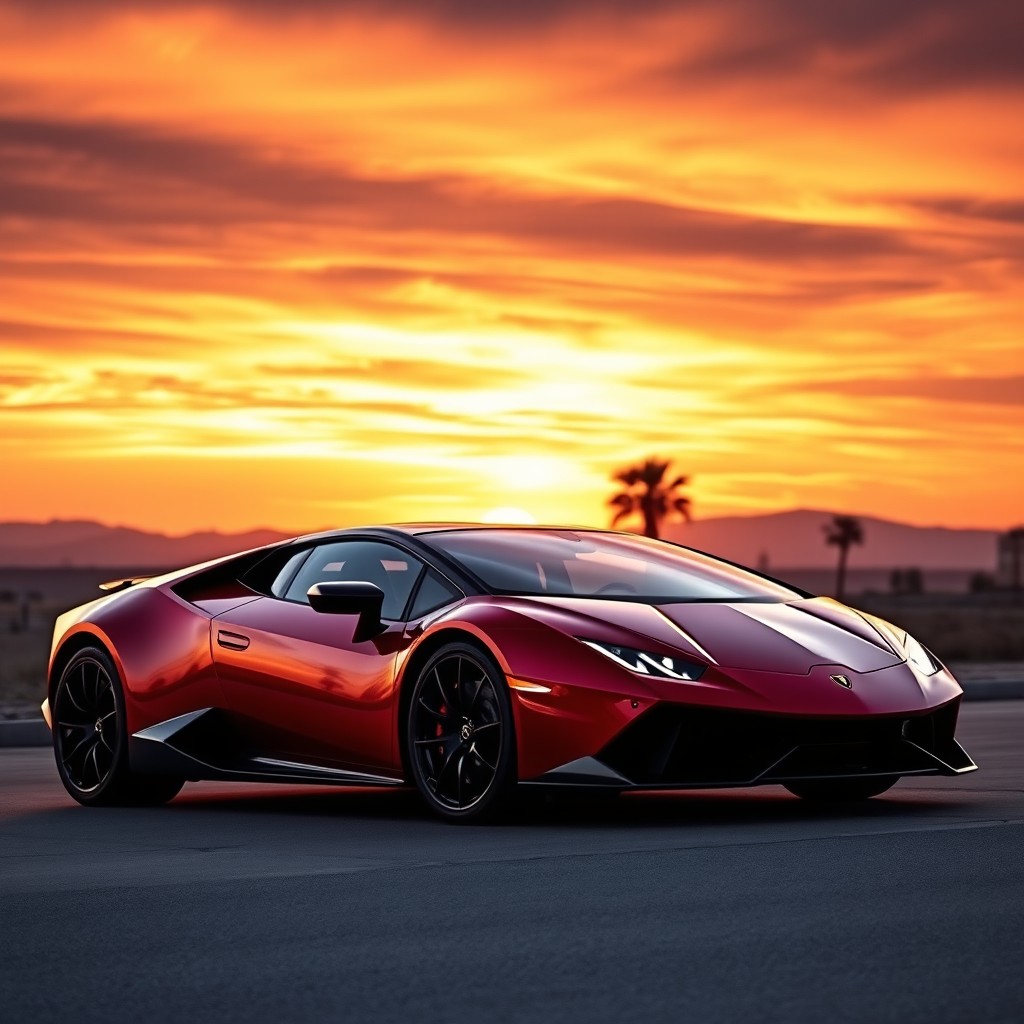 A stunning Lamborghini Revuelto parked elegantly against a vibrant sunset sky