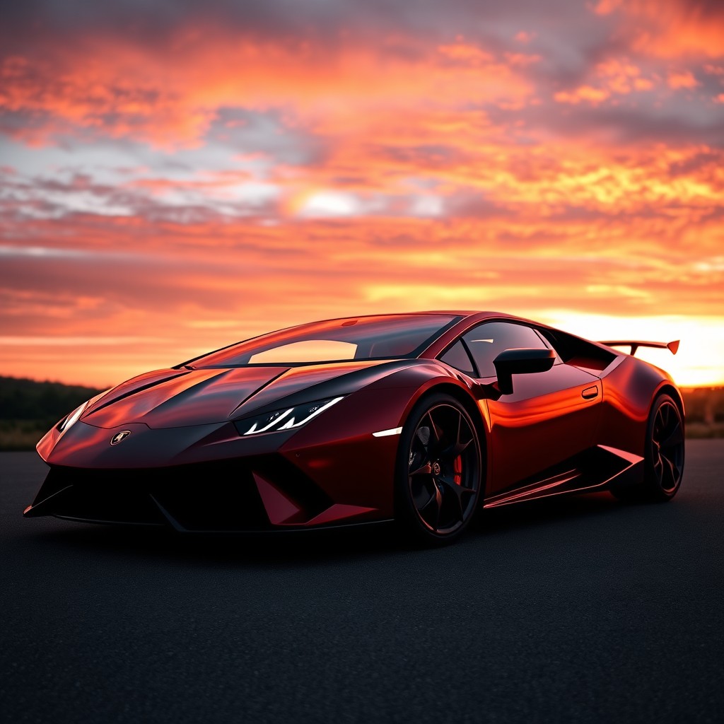 A stunning Lamborghini Revuelto, showcased against a breathtaking sunset backdrop