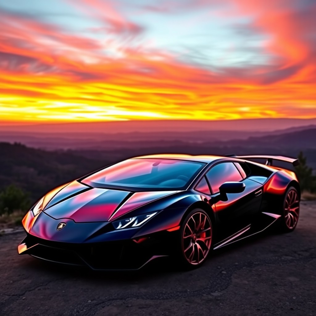 A stunning Lamborghini Revuelto parked on a scenic overlook during sunset, showcasing its sleek lines and aggressive design