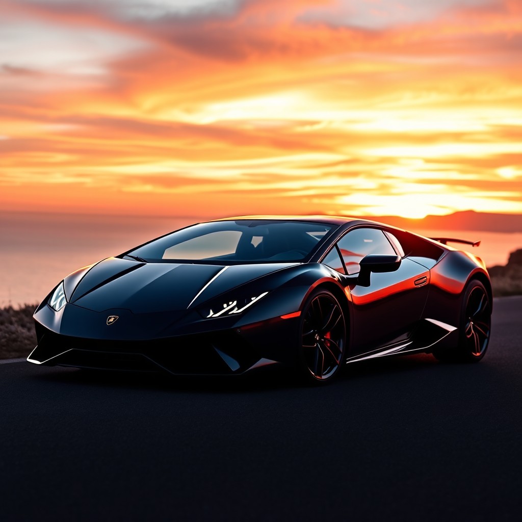 A stunning Lamborghini Revuelto parked against a breathtaking sunset backdrop