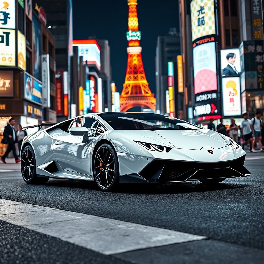 A striking white Lamborghini Revuelto cruising through the vibrant streets of Tokyo at night