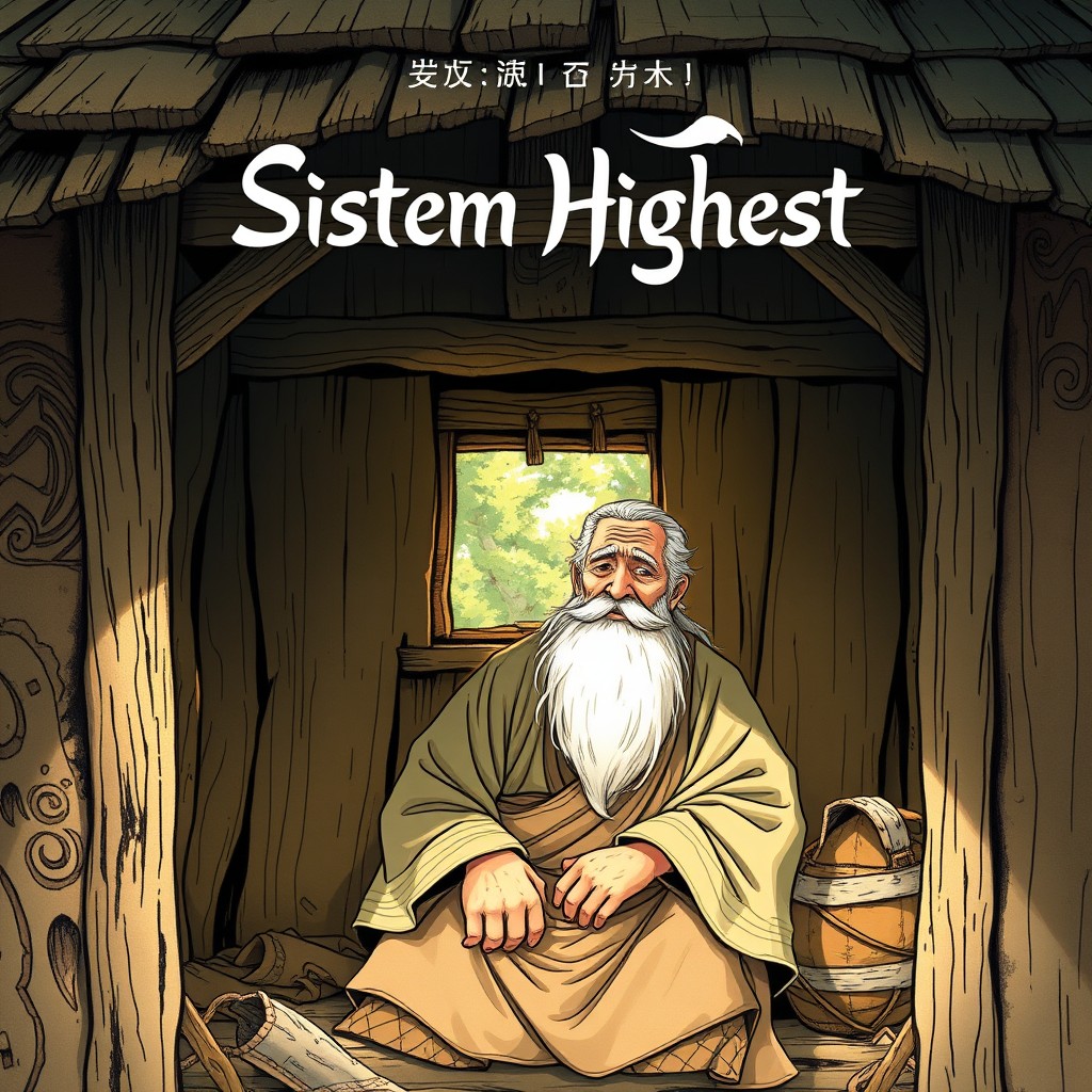 A cover illustration for a manhwa novel featuring a 99-year-old man sitting inside a rustic, dilapidated wooden hut
