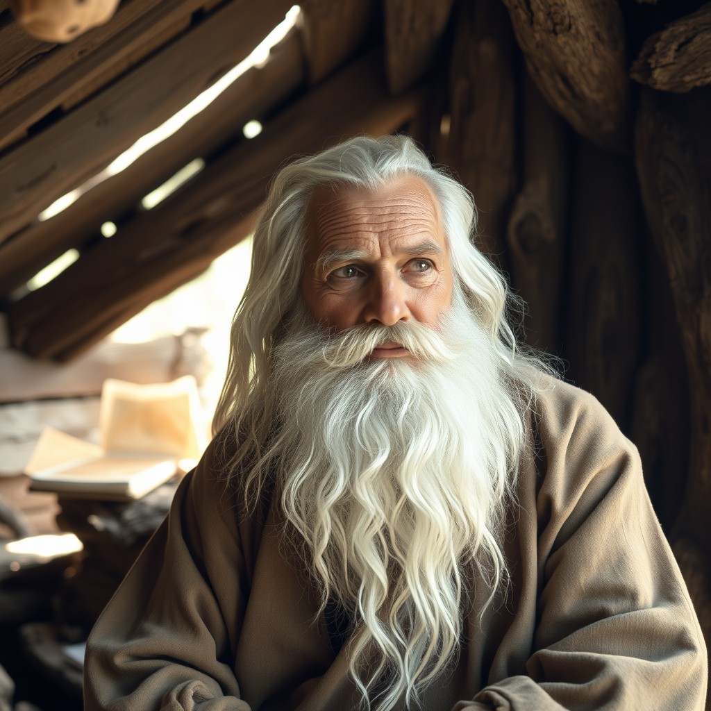 A 99-year-old man with a wise and weathered face, sitting inside a rustic, dilapidated wooden hut