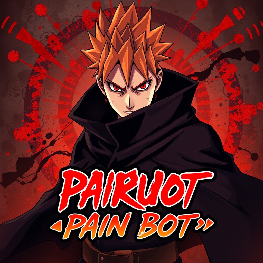 A dynamic anime-style poster featuring Pain (Nagato) from Naruto Shippuden in the foreground, striking an intense pose that highlights his power and authority