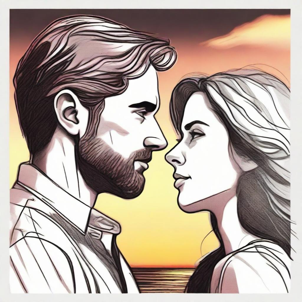 Create a detailed drawing of a man observing a side-profile woman amid the glow of a sunset.