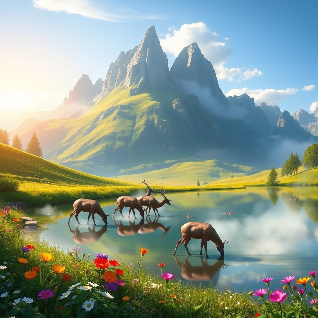 A beautiful fantasy landscape with a lush green valley, towering mountains in the background, and a clear blue sky