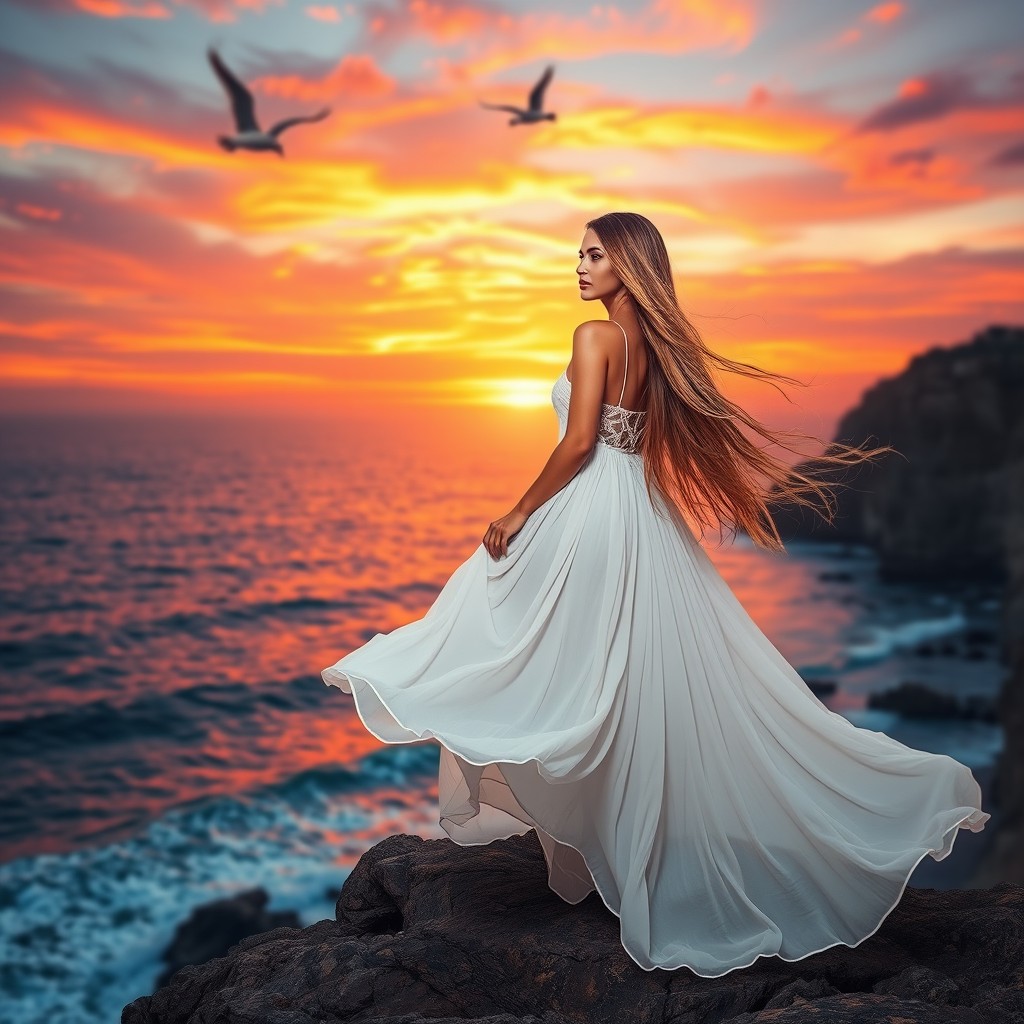 A beautiful woman with long flowing hair standing on a rocky cliff overlooking the ocean at sunset