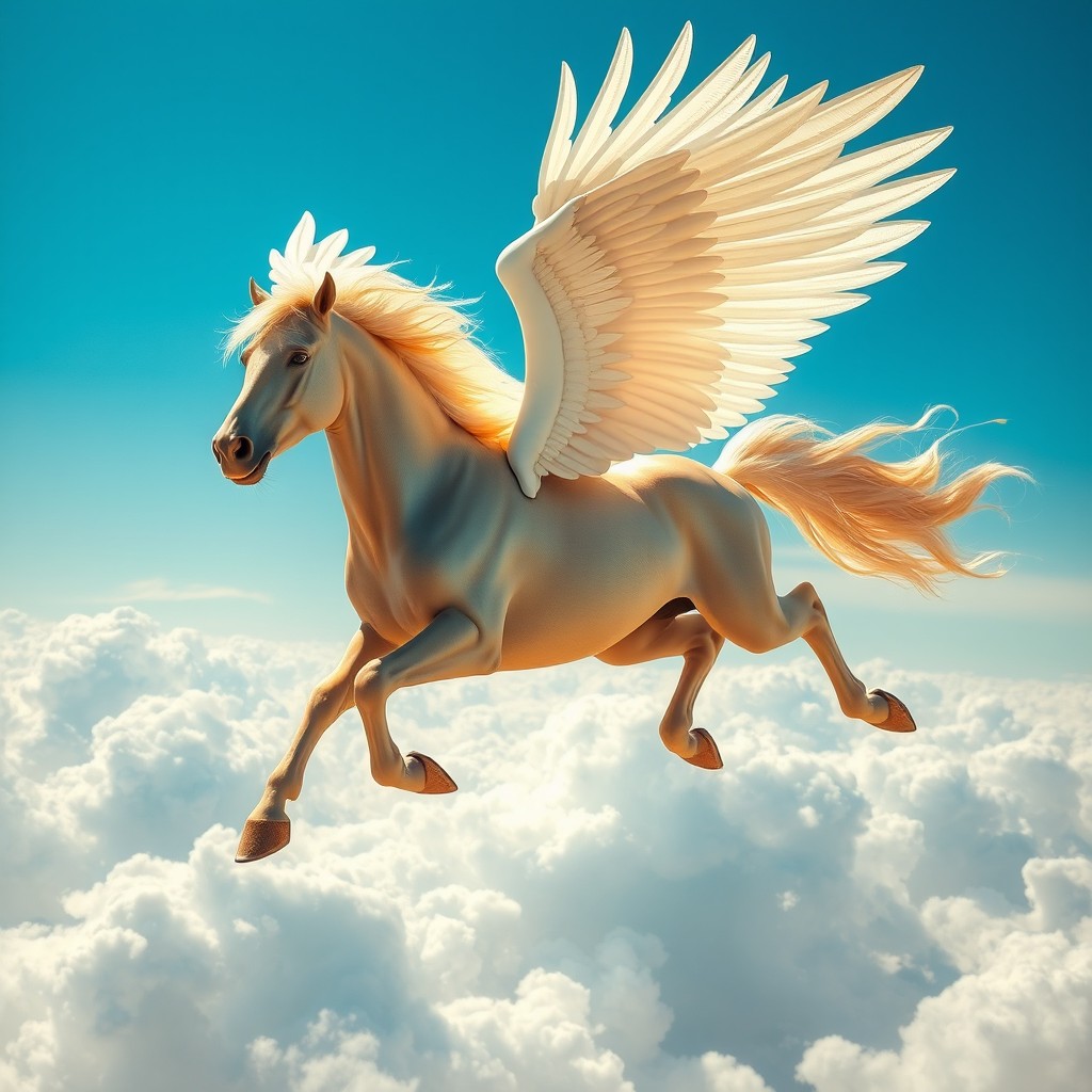 A majestic winged horse soaring gracefully through the skies