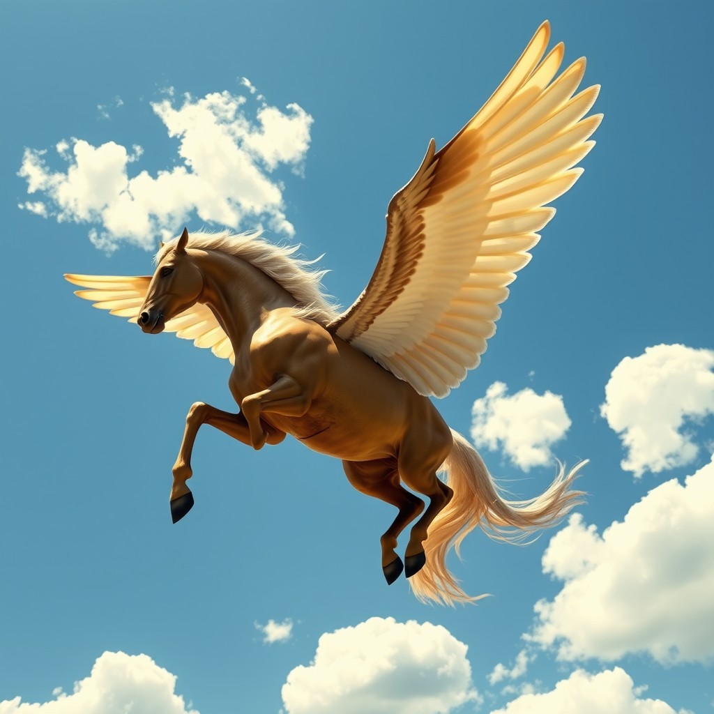 A majestic winged horse soaring through a bright blue sky, its wings outstretched and glistening in the sunlight