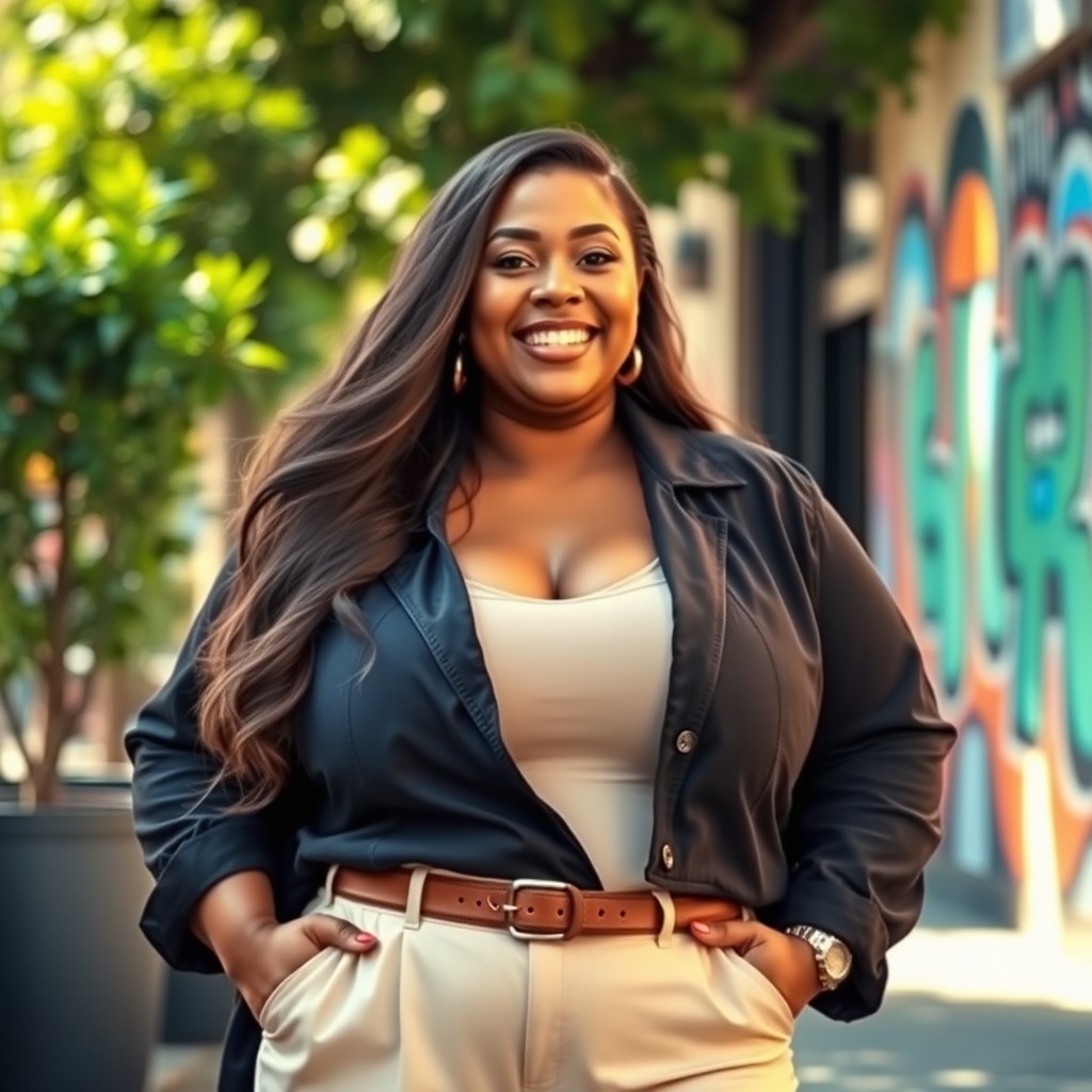 A confident, plus-sized woman with voluptuous curves, confidently posing in a fashionable outfit that flatters her figure