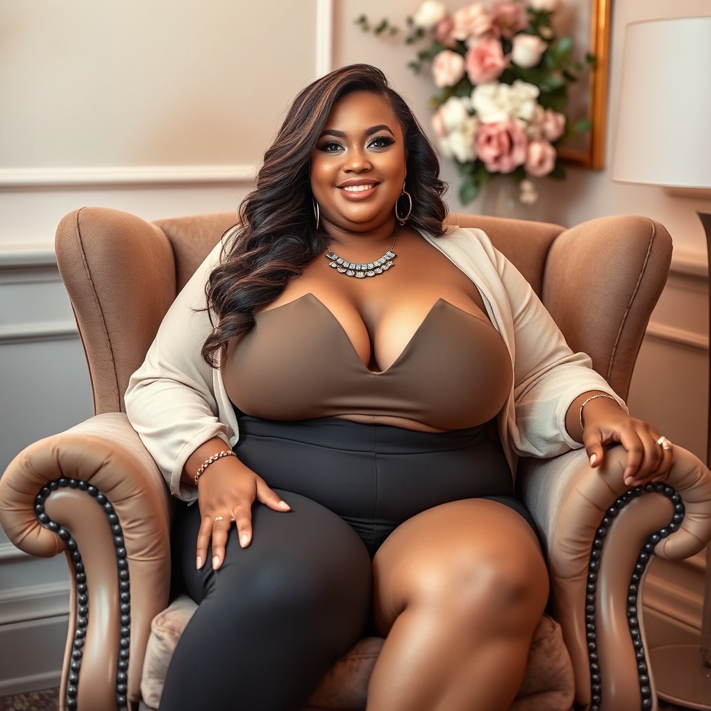 A stunning and confident ssbbw (super-size big beautiful woman) celebrating her beauty, sitting elegantly in a luxurious plush armchair