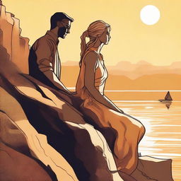 Craft a detailed illustration of a man gazing at a side-profile woman positioned on a rocky cliff, all bathed in the warm, golden light of a setting sun.