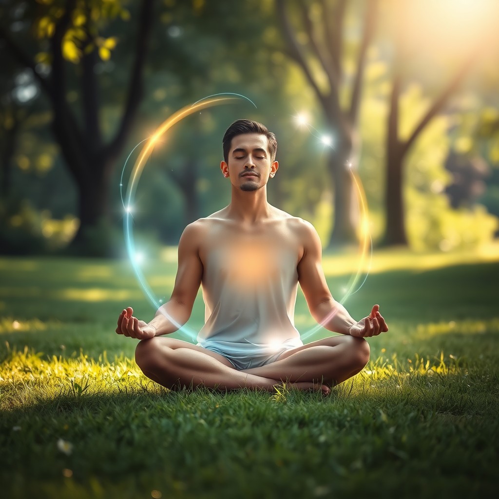 A serene scene of a person meditating in a tranquil natural setting, surrounded by a radiant light of energy that softly glows around them