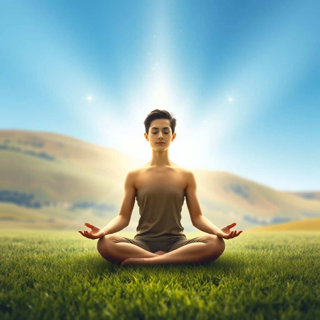A serene scene depicting a person meditating in a tranquil outdoor setting, surrounded by a soft, glowing light of energy that radiates outwards, creating a peaceful aura