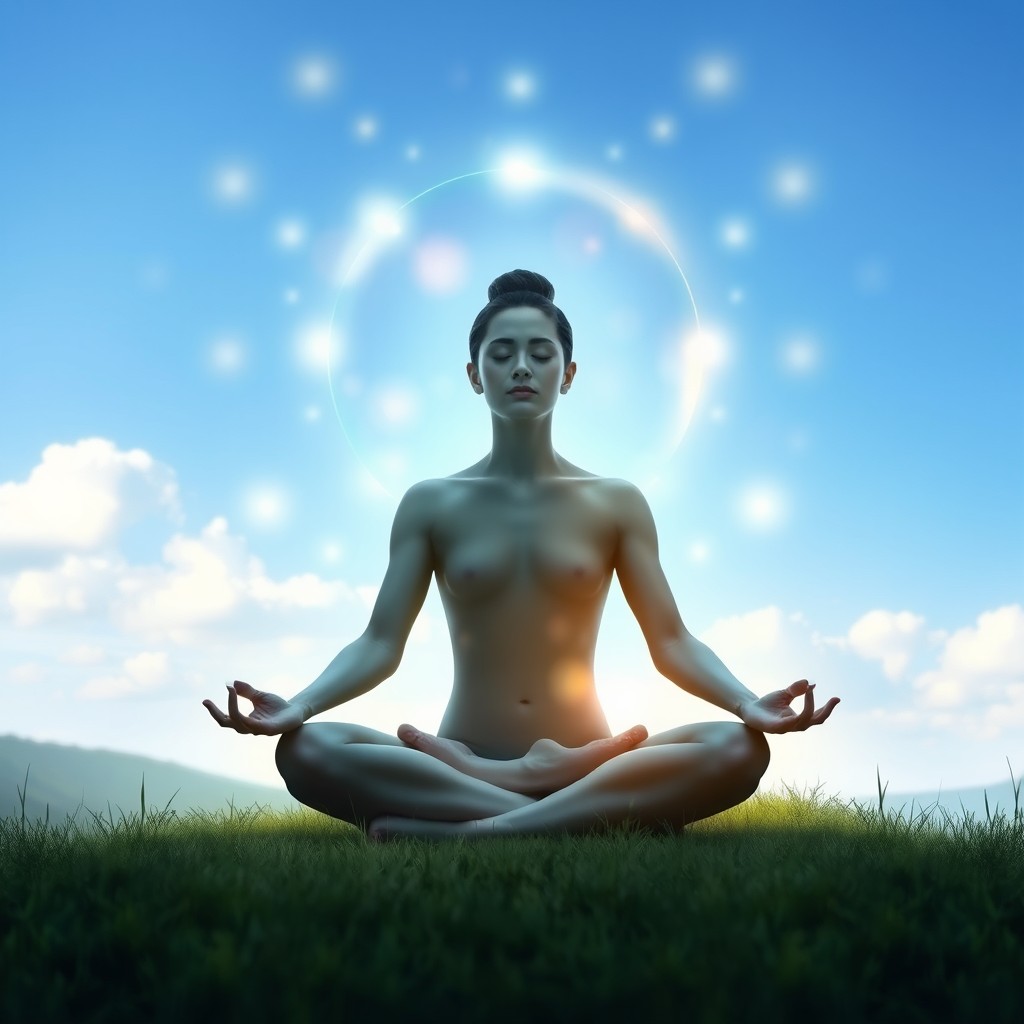 A serene scene of a person meditating peacefully, sitting cross-legged with their eyes closed