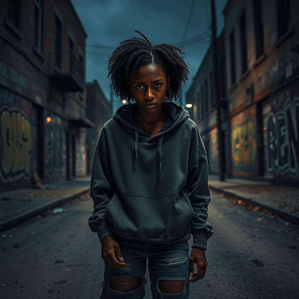 A distraught black teenage girl standing in a deserted urban street, surrounded by abandoned buildings and graffiti-covered walls