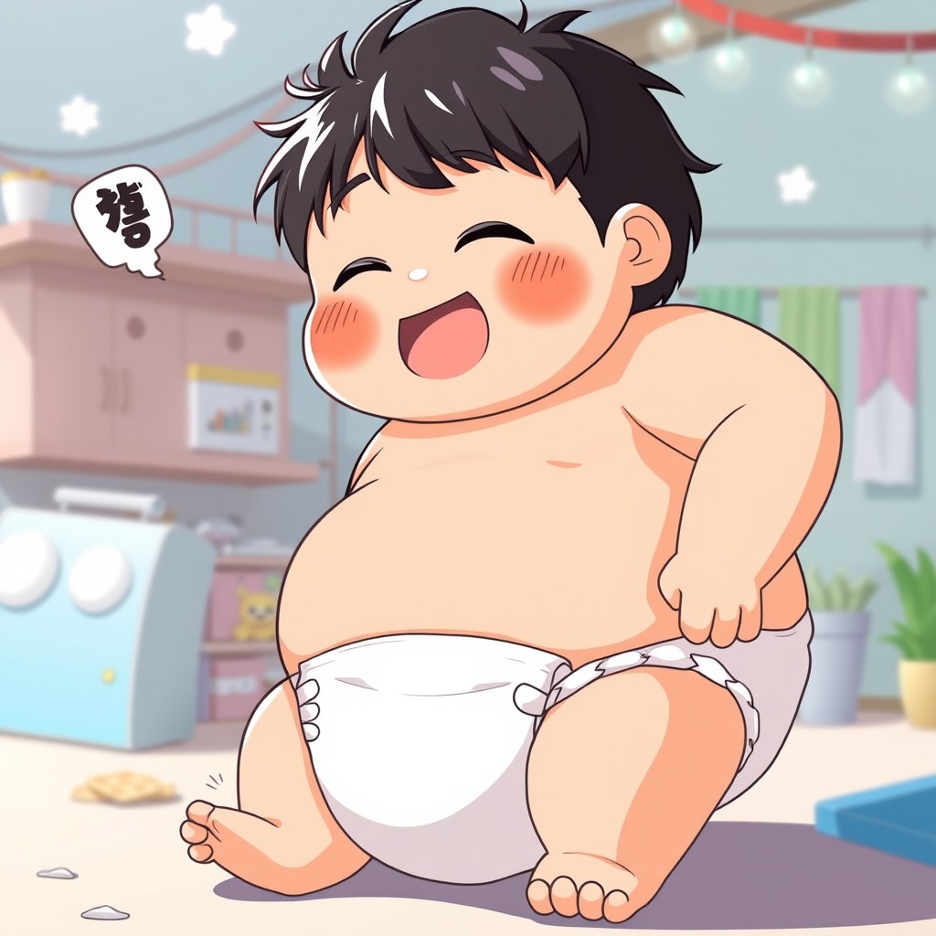 A cheerful and playful anime-inspired character, embodying a joyful persona, depicted as a super-sized individual with an extremely large belly wearing a cute diaper