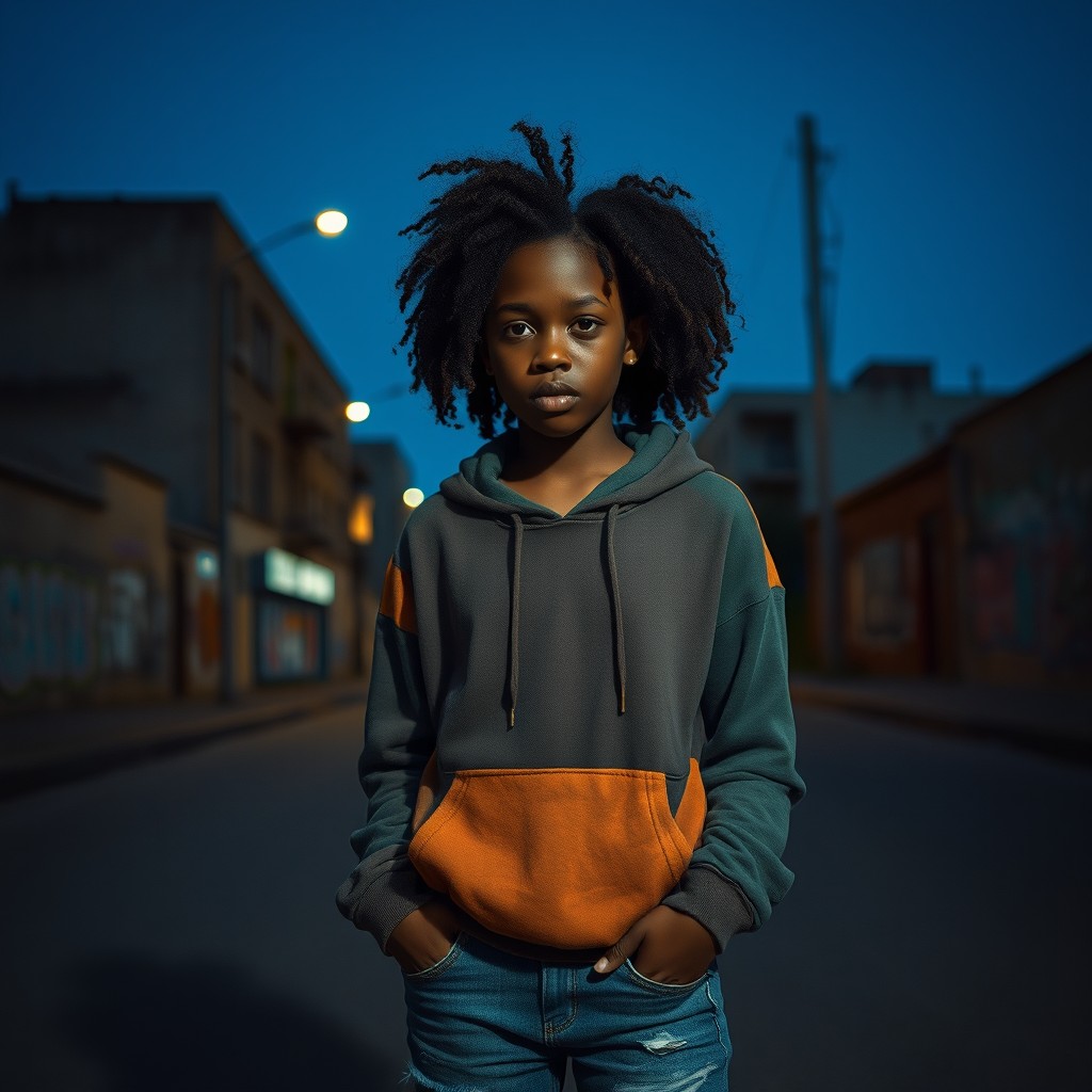 A distraught black teenage girl standing alone in a deserted urban street, with her expression conveying sadness and isolation