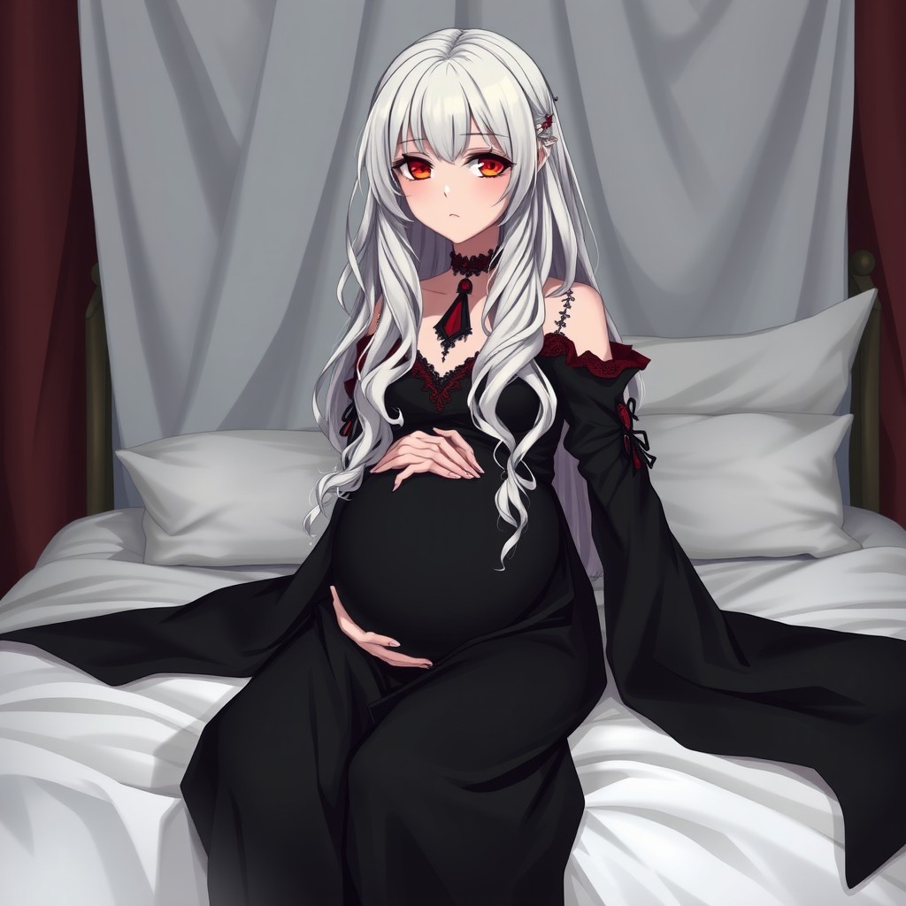 Anime girl with long, medium wavy and straight white hair and red eyes, wearing a large, long black dress with red details that give a vampire touch, sitting on a bed covered with white sheets, appearing to be pregnant