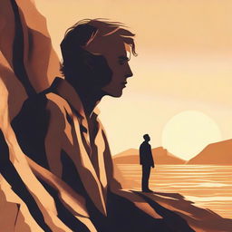 Craft a detailed illustration of a man gazing at a side-profile woman positioned on a rocky cliff, all bathed in the warm, golden light of a setting sun.