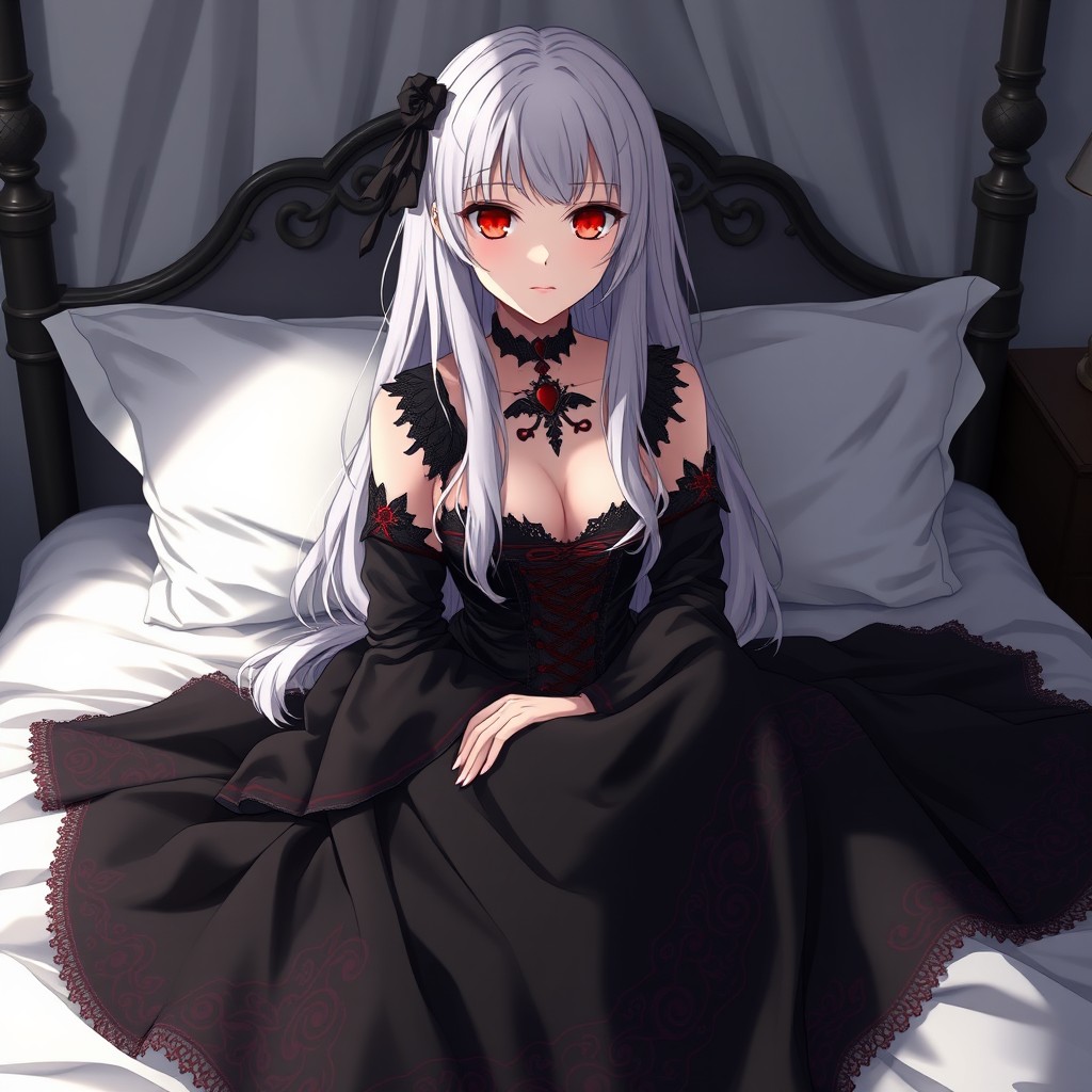 An anime girl with long, medium wavy straight white hair and striking red eyes, wearing a large, long black dress adorned with intricate red details that give a vampiric touch