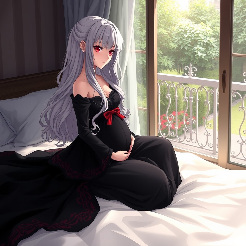 Anime girl with long, medium wavy and straight white hair and red eyes, wearing a large, long black dress with red details that give a vampire touch, sitting on a bed covered with white sheets, looking towards a balcony that has a view of a garden