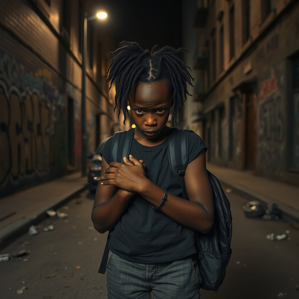 A fearful homeless black teenage girl in a deserted urban street, surrounded by graffiti-covered walls and abandoned buildings