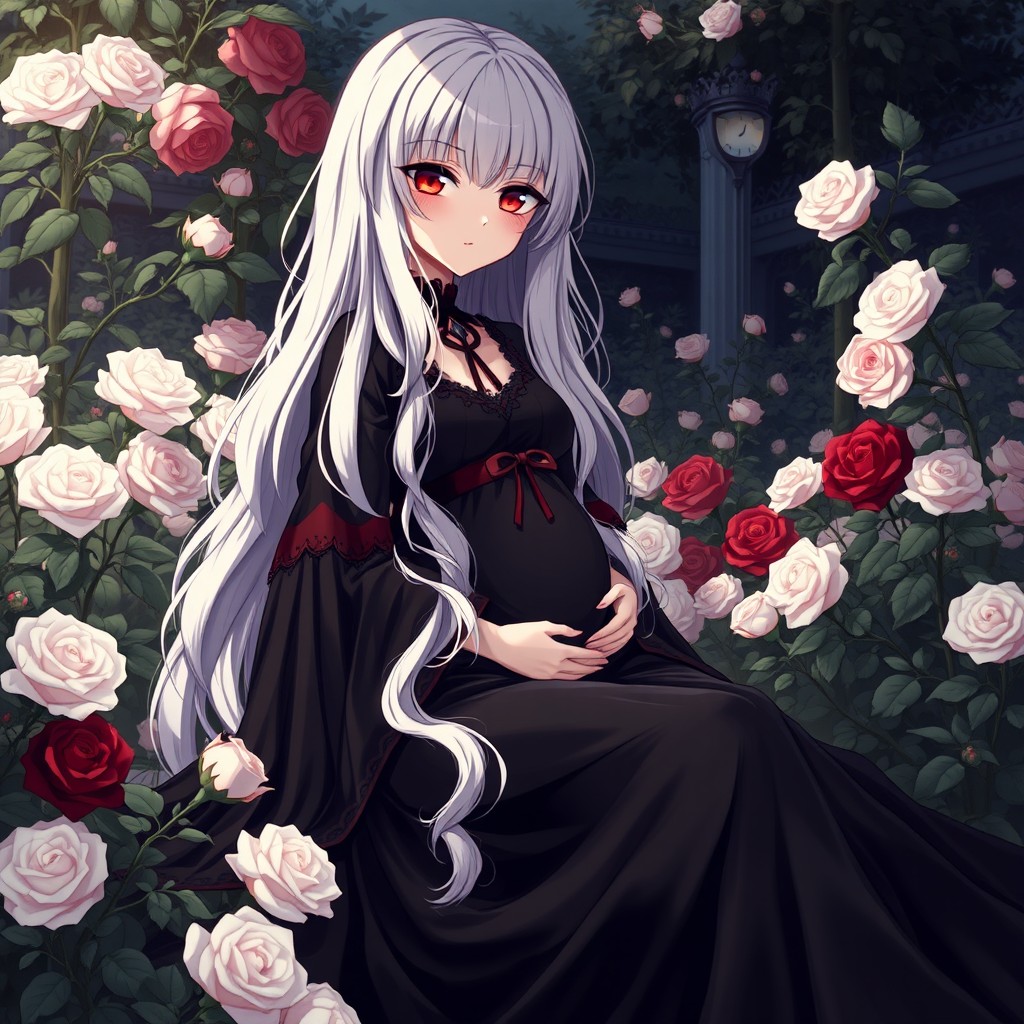 Anime girl with long, medium wavy and straight white hair and red eyes, wearing a large, long black dress with red details that give a vampire touch, sitting in a garden adorned with white and black roses