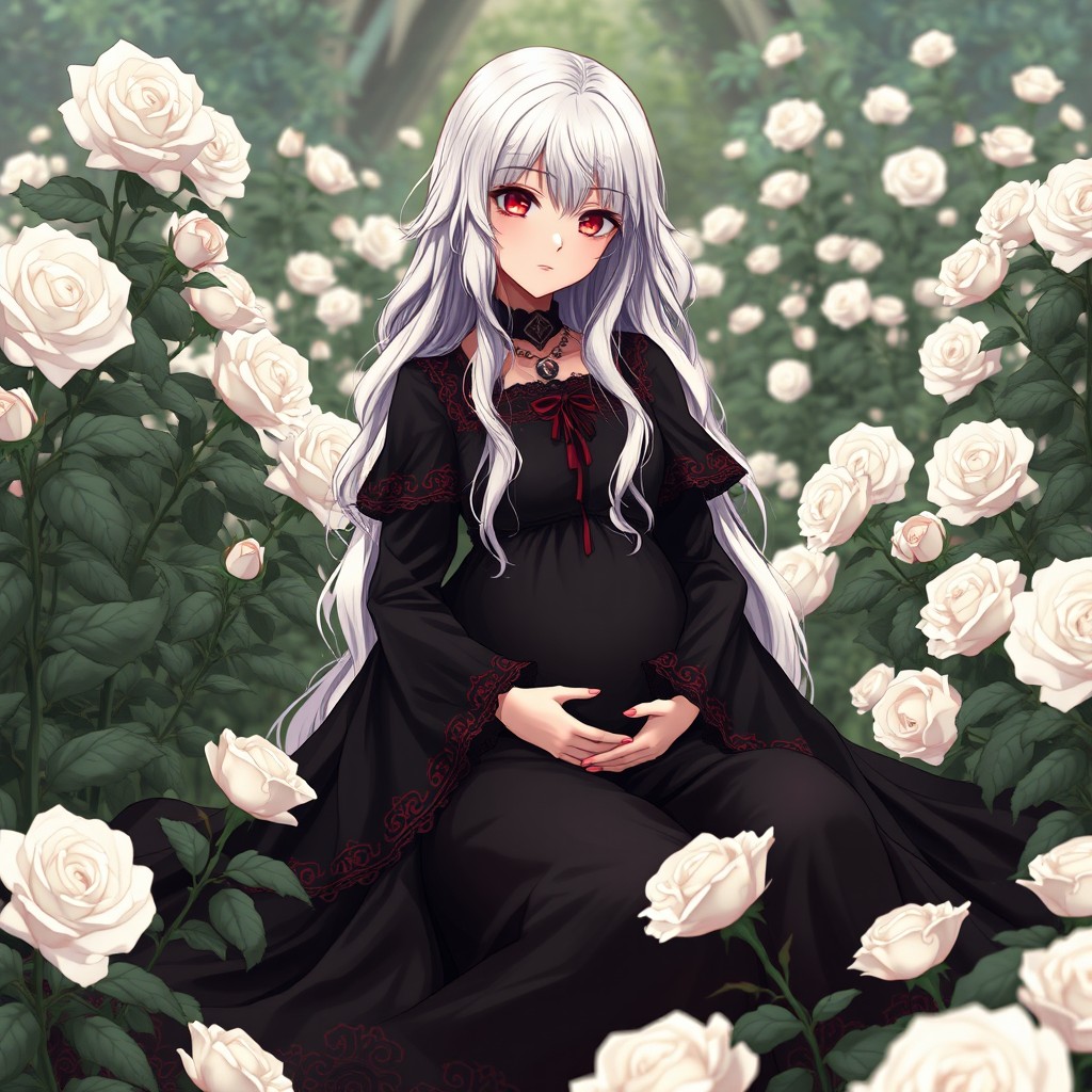 Anime girl with long, medium wavy and straight white hair and red eyes, wearing a large, long black dress with red details that give a vampire touch, sitting in a garden filled with white and black roses
