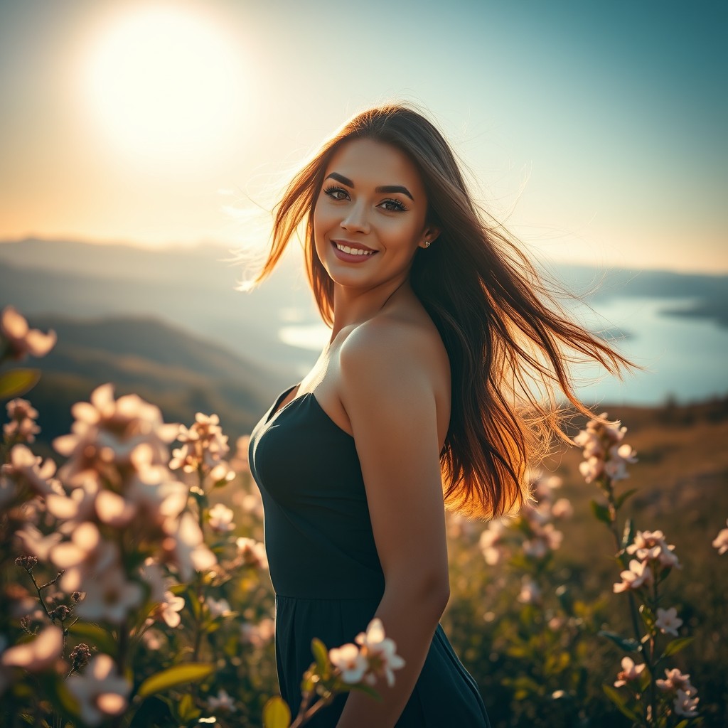 A stunning, confident woman standing in a beautiful, serene landscape, exuding natural beauty and elegance