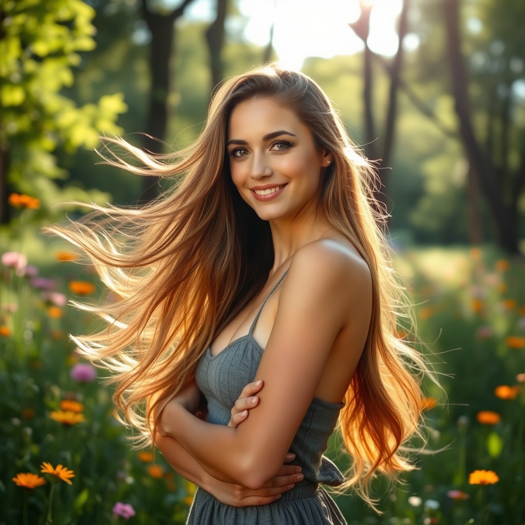 A beautiful woman with flowing, long hair standing gracefully in a serene natural setting, surrounded by vibrant wildflowers and lush greenery